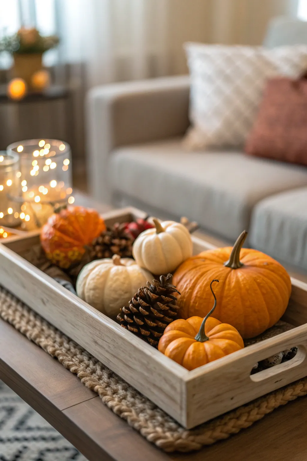 A decorative tray with mini pumpkins on a coffee table.