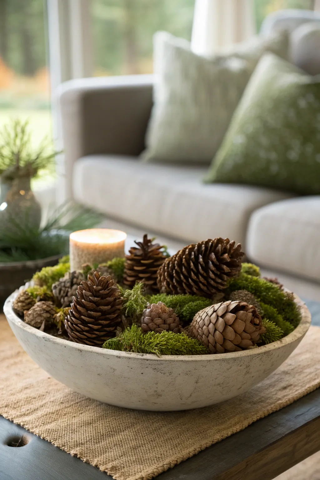 A shallow bowl filled with pinecones and moss on a coffee table.