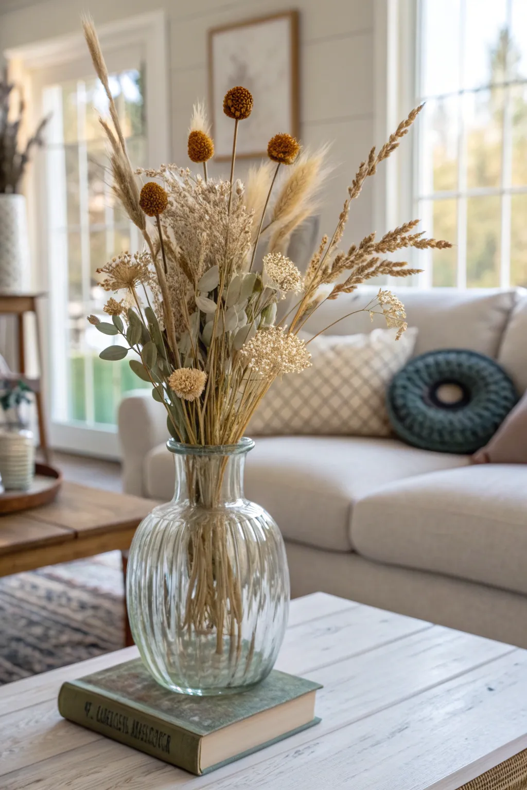A glass vase with dried flowers on a coffee table.