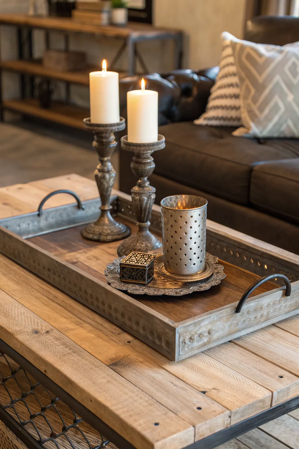 A coffee table with metal accents and rustic decor.