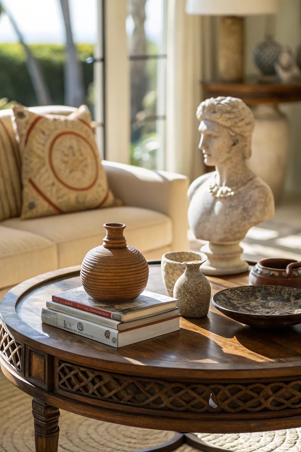 Curated art objects displayed on a round coffee table.