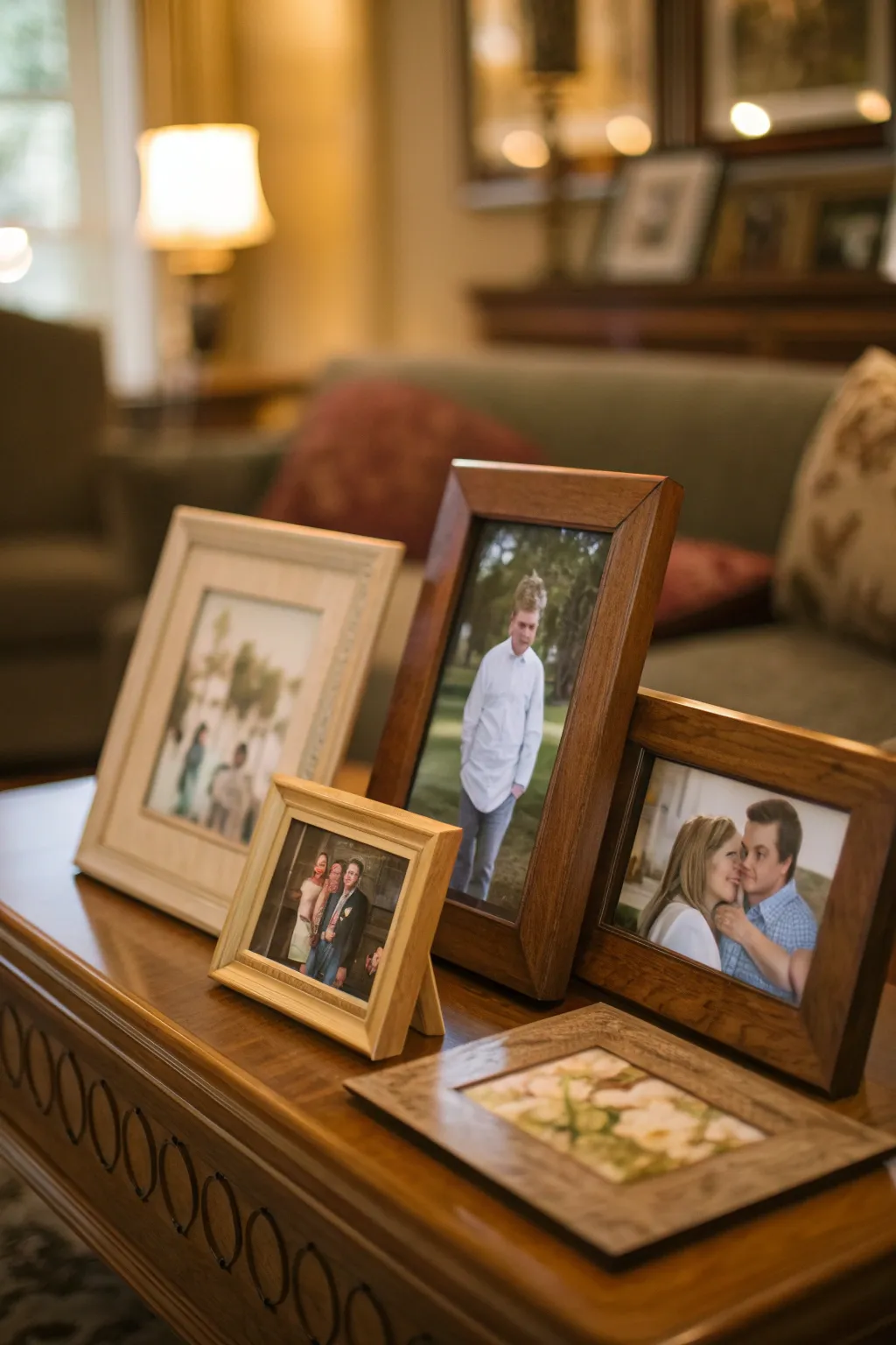 Picture frames with family photos on a coffee table.