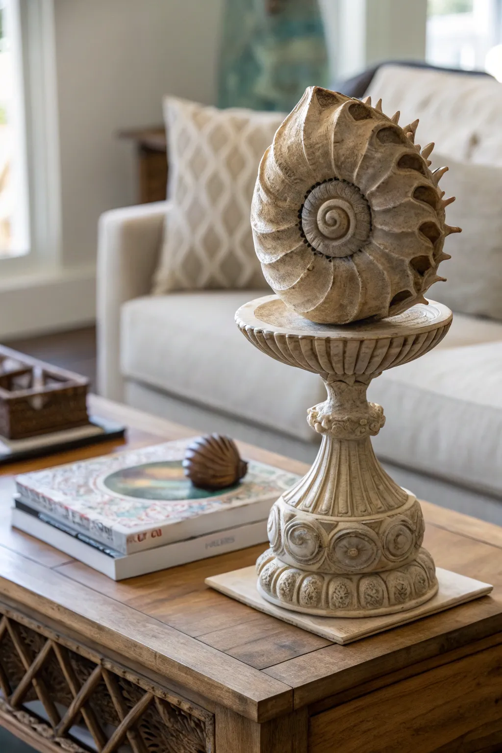 A unique sculpture centerpiece on a coffee table.