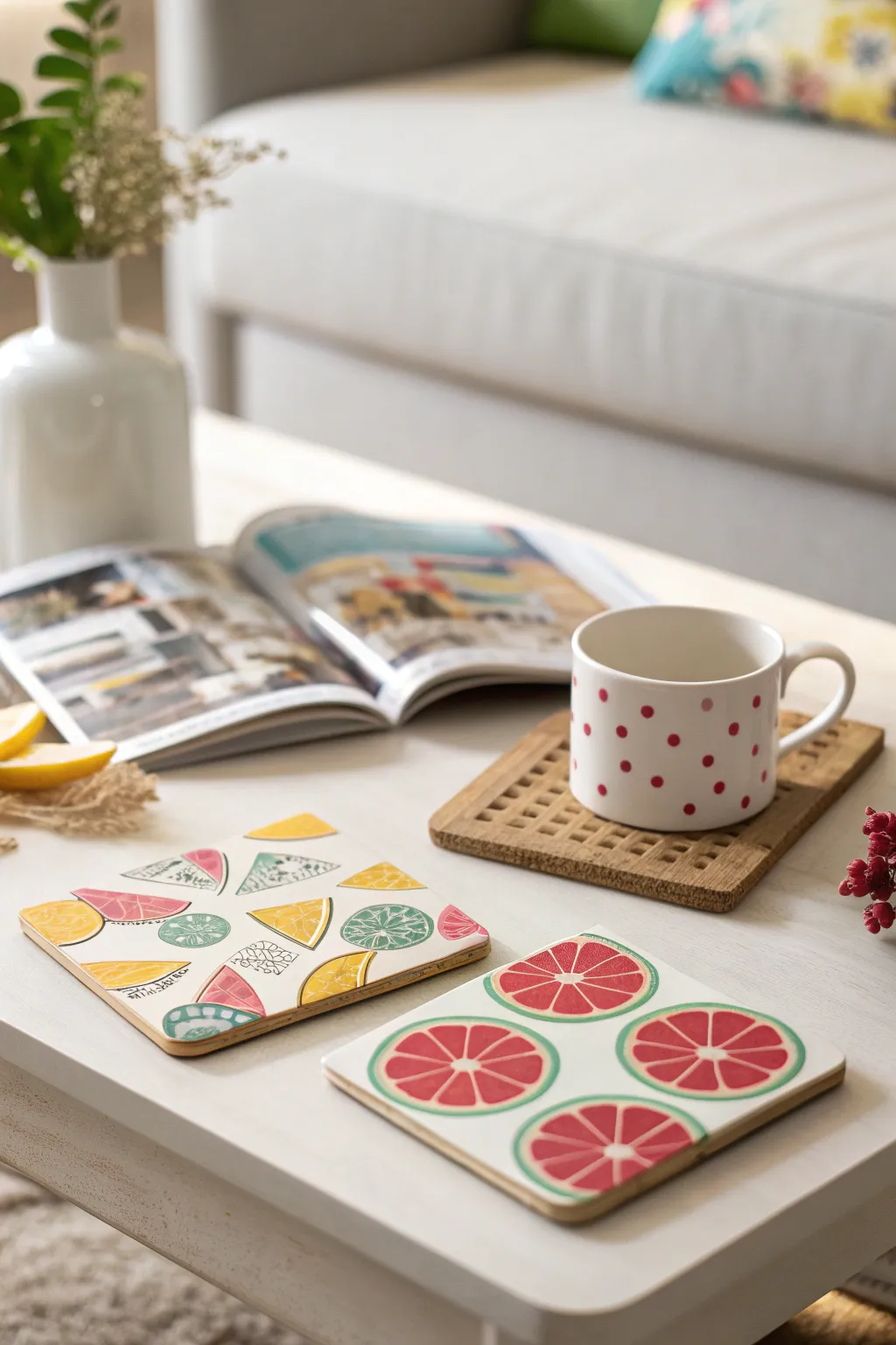 Stylish coasters with fun designs on a coffee table.