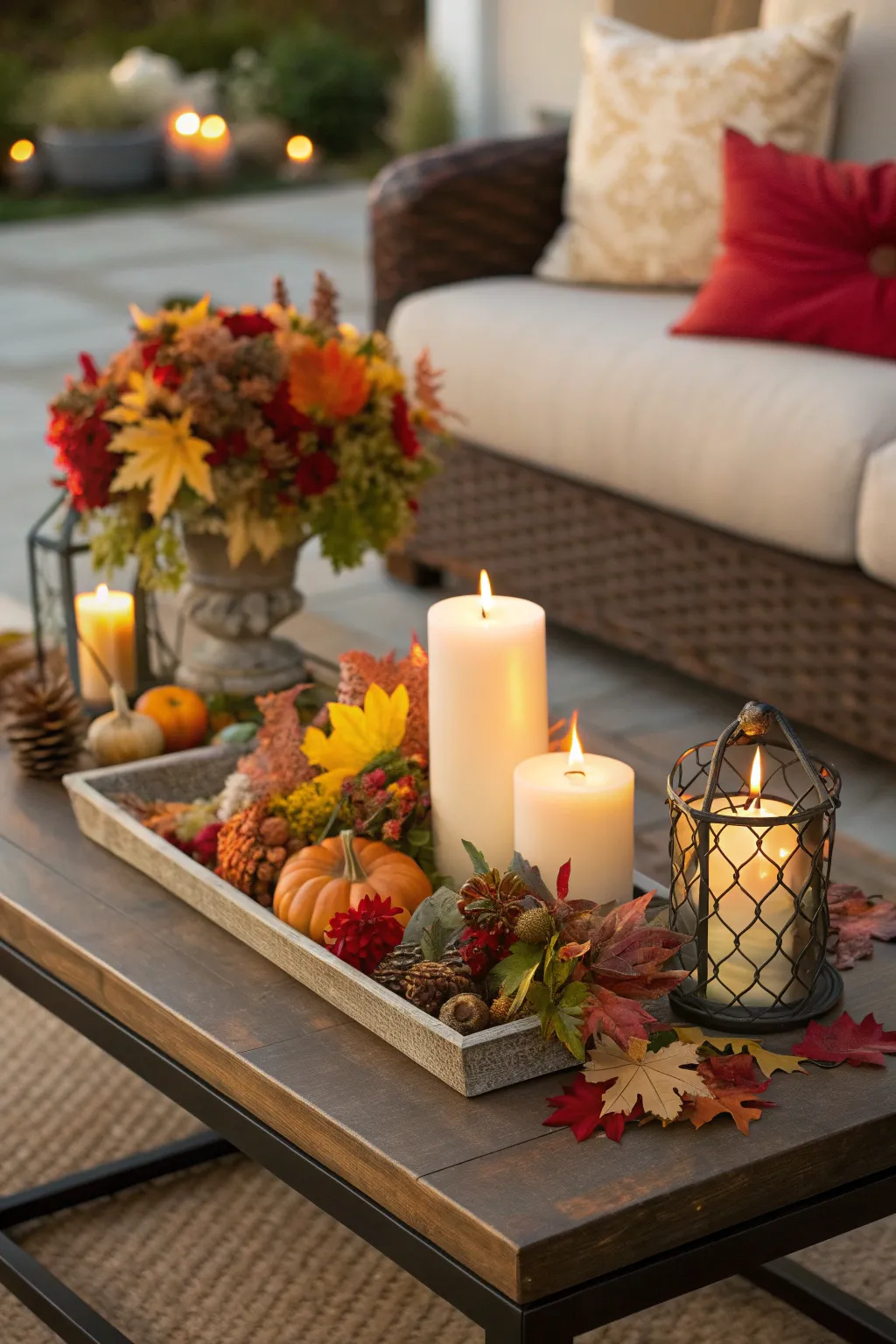 A seasonal display on a rectangle coffee table.
