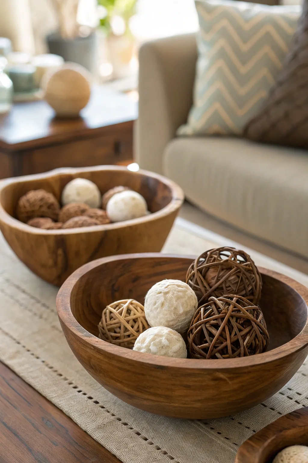 Wooden bowls filled with decorative balls on a coffee table.