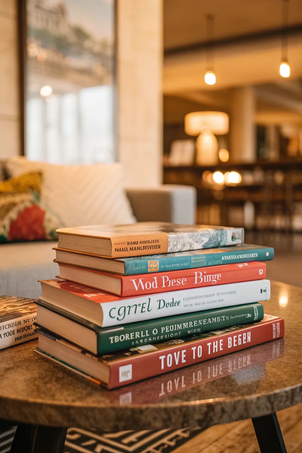 Coffee table books on travel and design stacked on a coffee table.