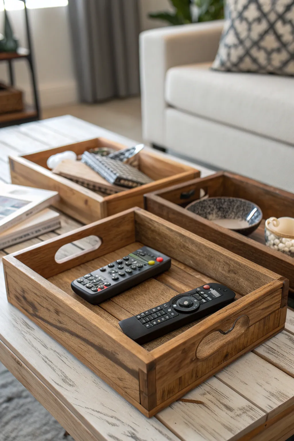 Wooden trays used decoratively on a coffee table.
