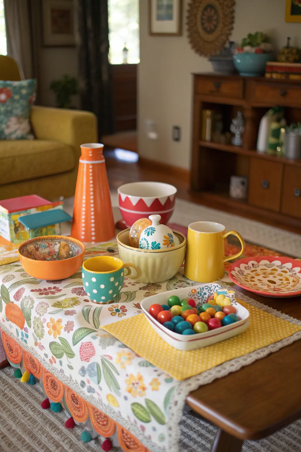 A vibrant retro coffee table with colorful ceramics and unique knick-knacks.