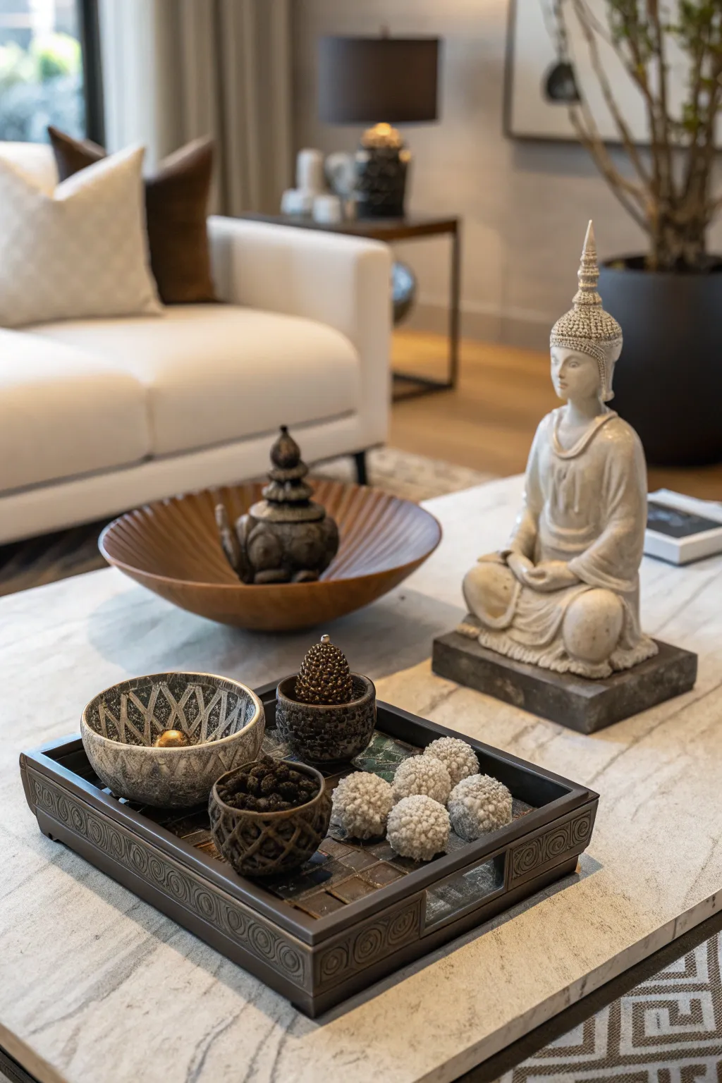 A coffee table arranged with sculptures and decorative bowls for a sophisticated look.