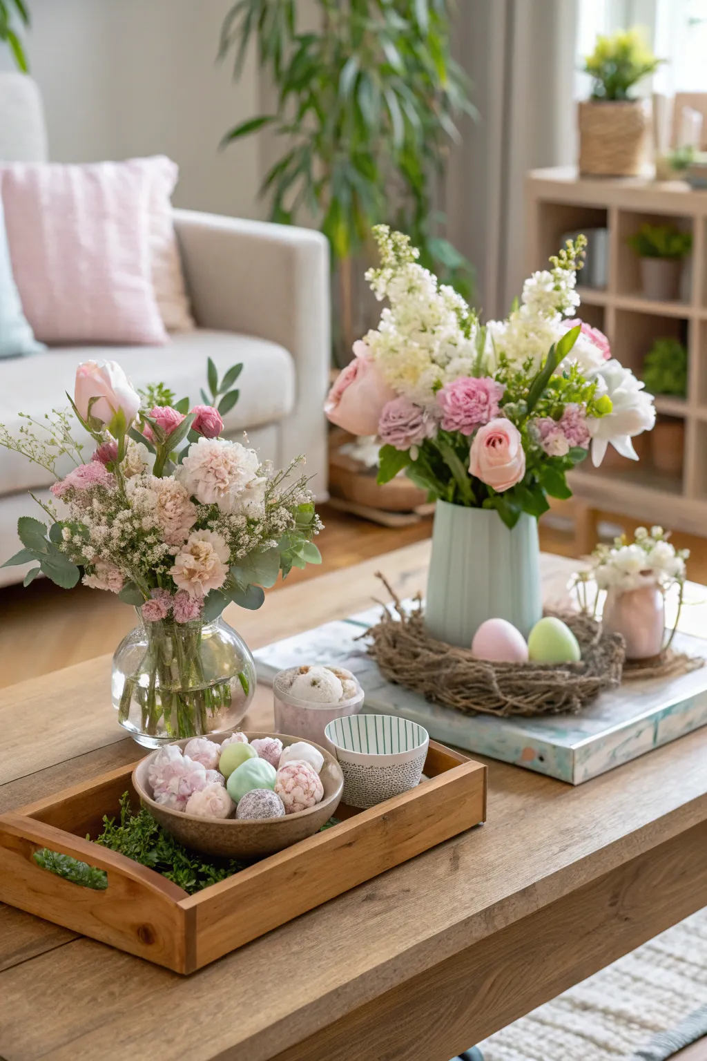 A wooden coffee table decorated with spring-themed pastel flowers and decor.