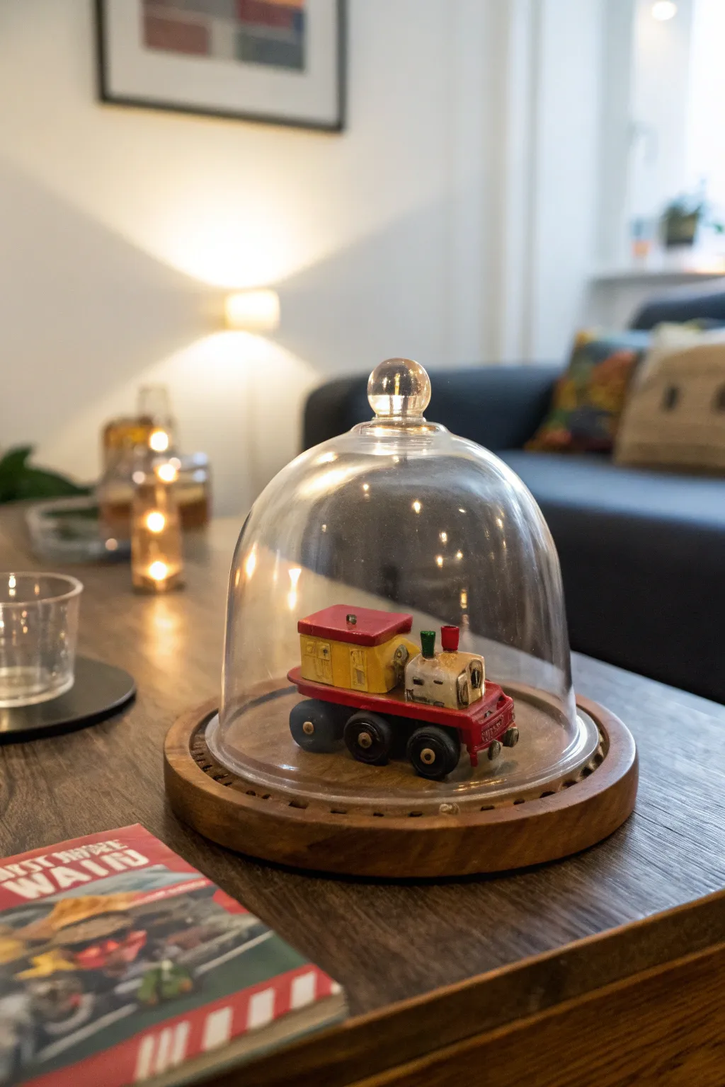 A retro coffee table with a glass cloche displaying a vintage toy inside.