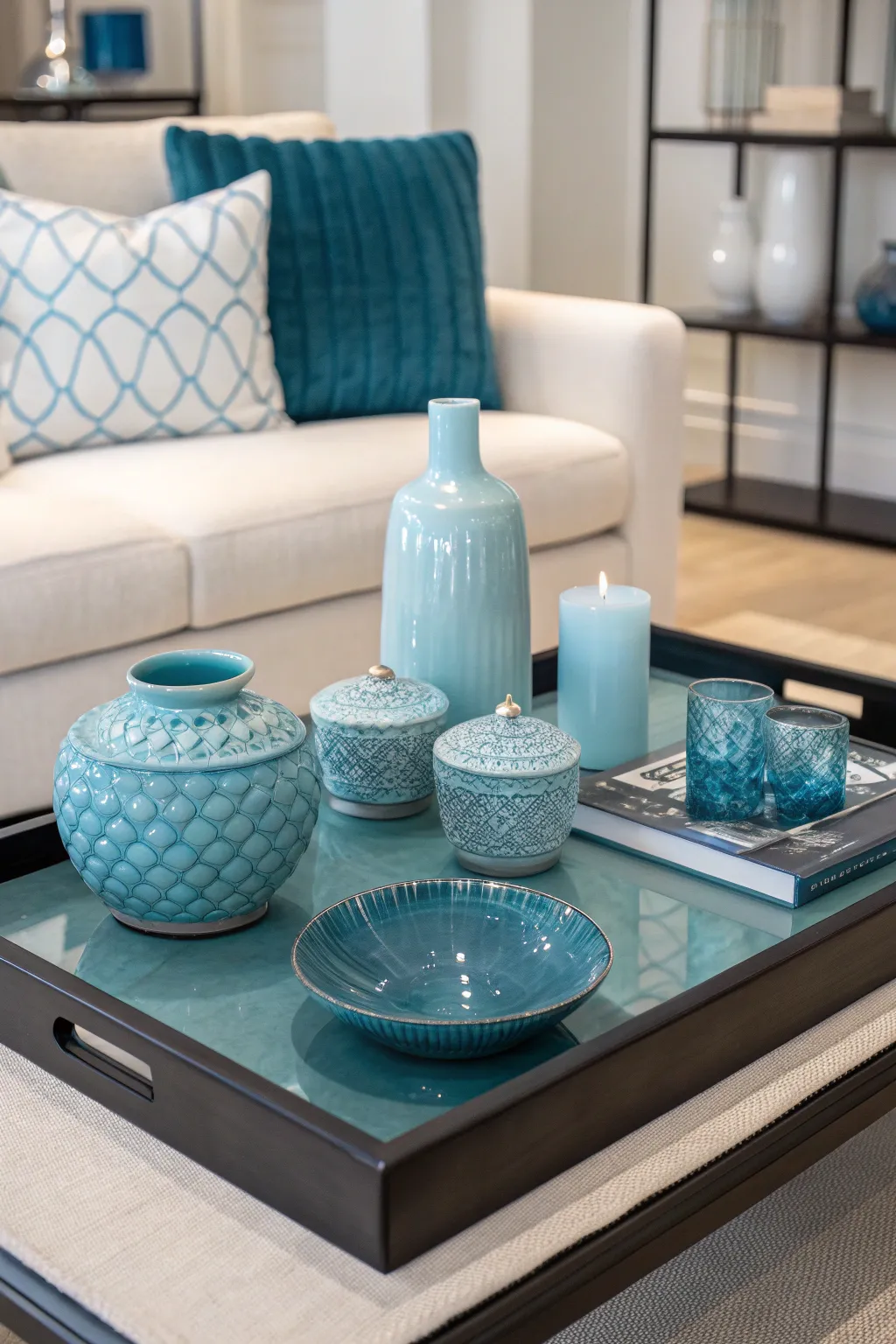 A coffee table styled in monochromatic shades of blue for a modern look.