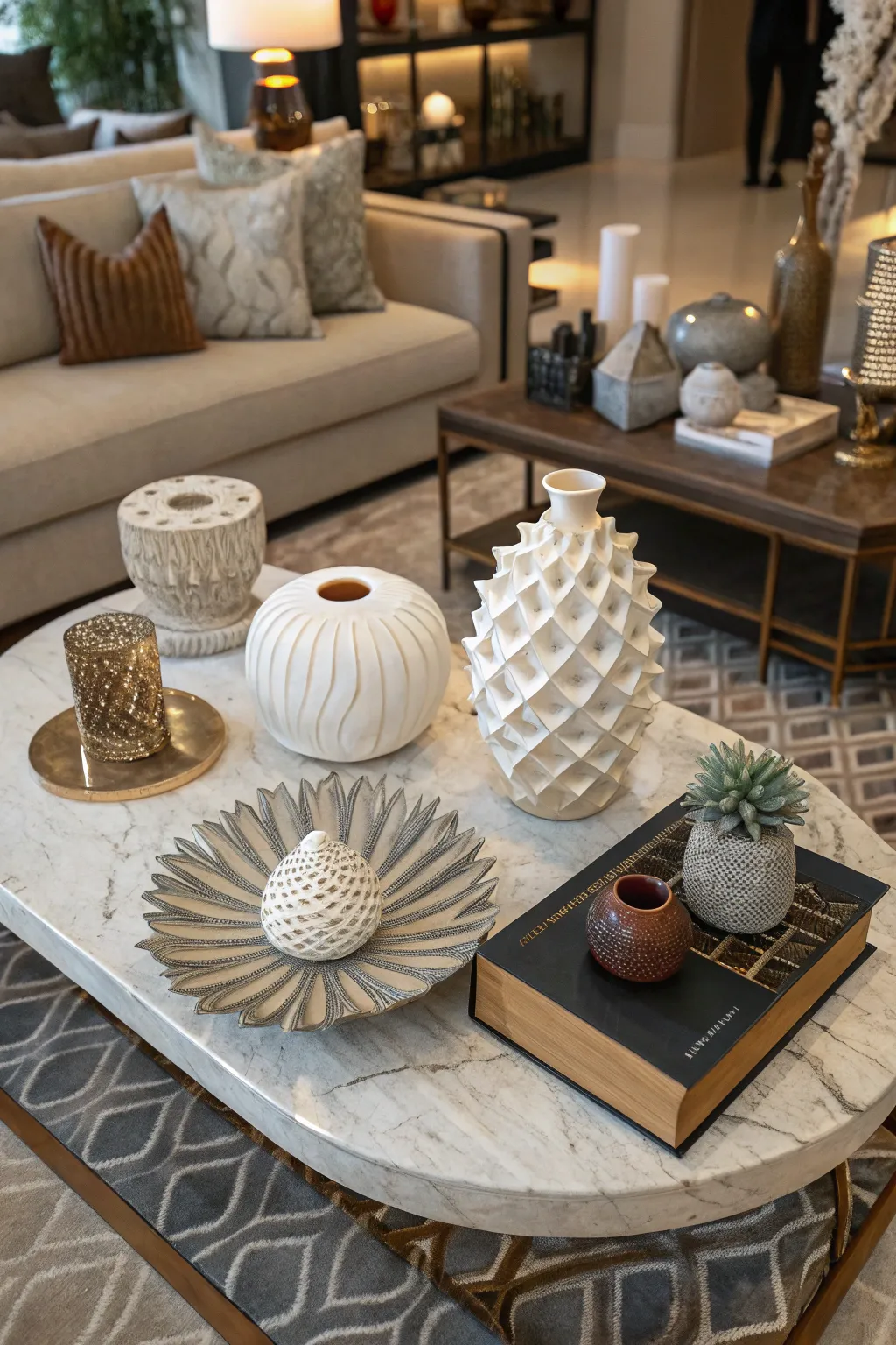 A coffee table arrangement with abstract sculptures and decorative items.
