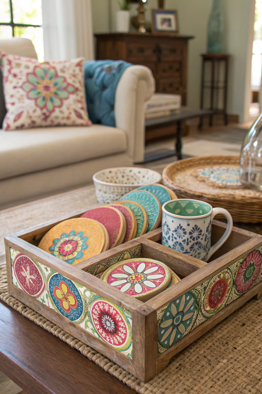 A coffee table with colorful coasters in a decorative holder.