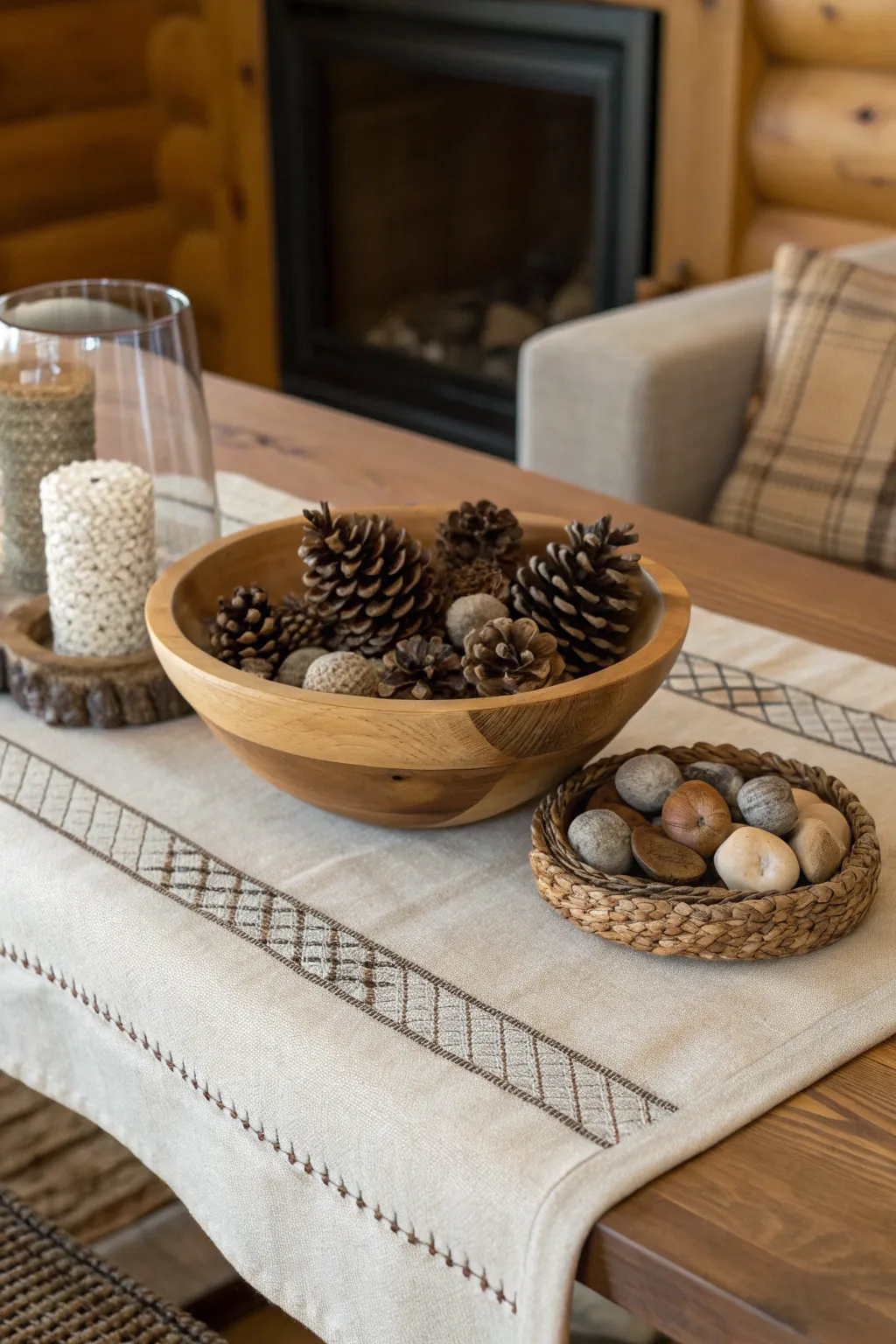 A coffee table decorated with layered textures, including linen, wood, and natural elements.