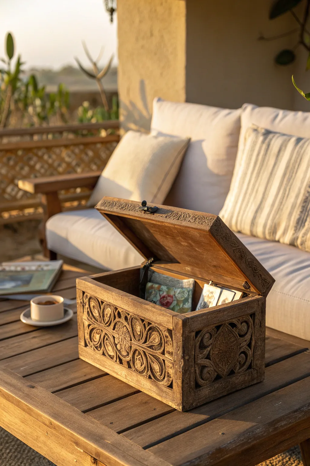 A vintage wooden box on a coffee table, adding rustic charm and storage.