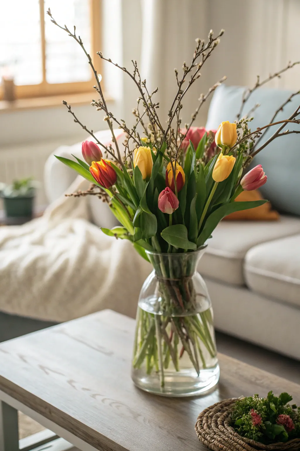A glass vase with seasonal flowers on a coffee table, brightening the space.