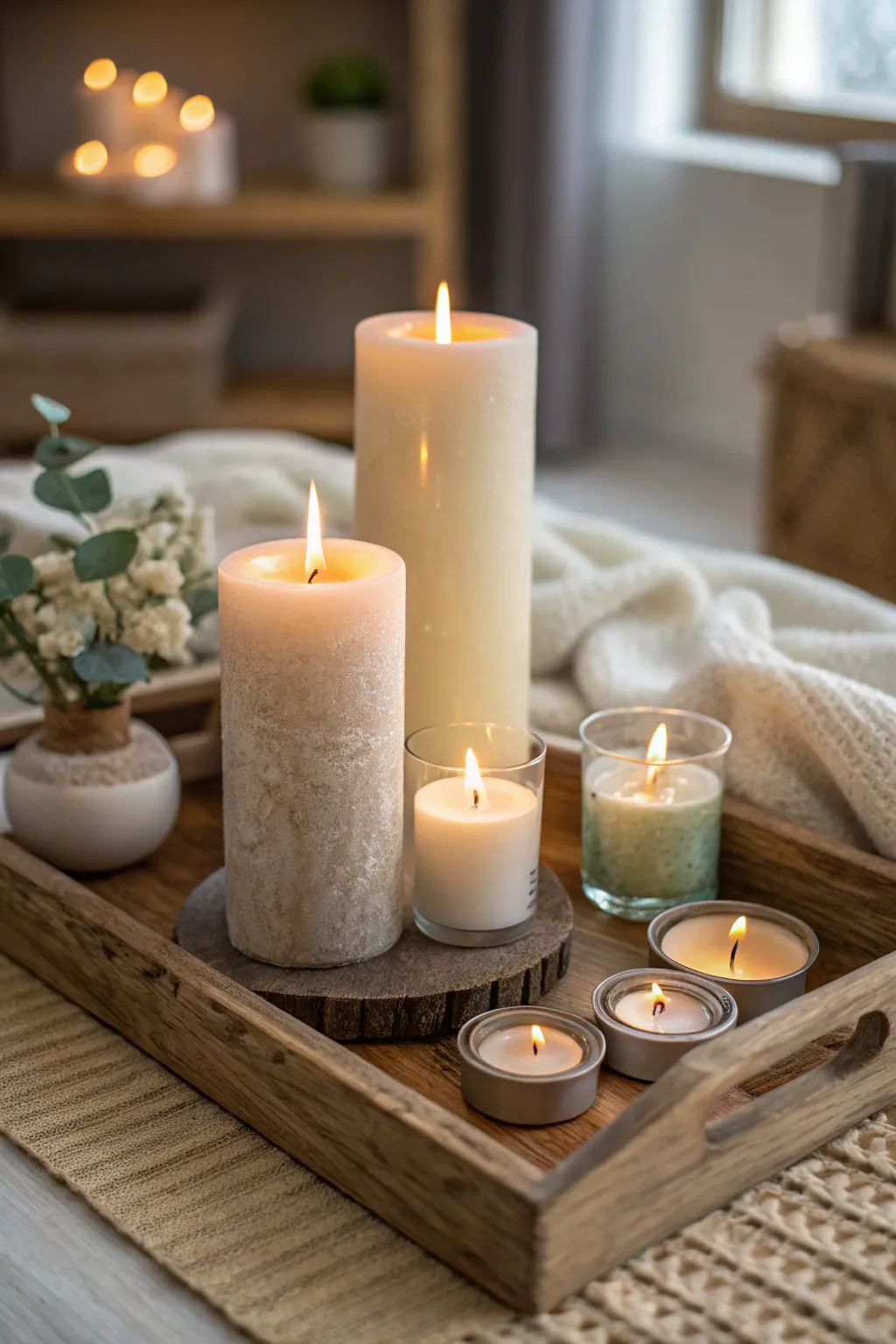 Candles arranged on a wooden tray, creating a warm and cozy atmosphere.