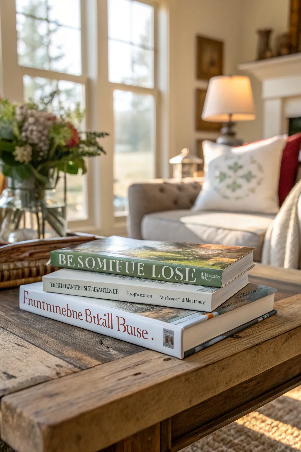 A stack of farmhouse-style coffee table books on a rustic table.