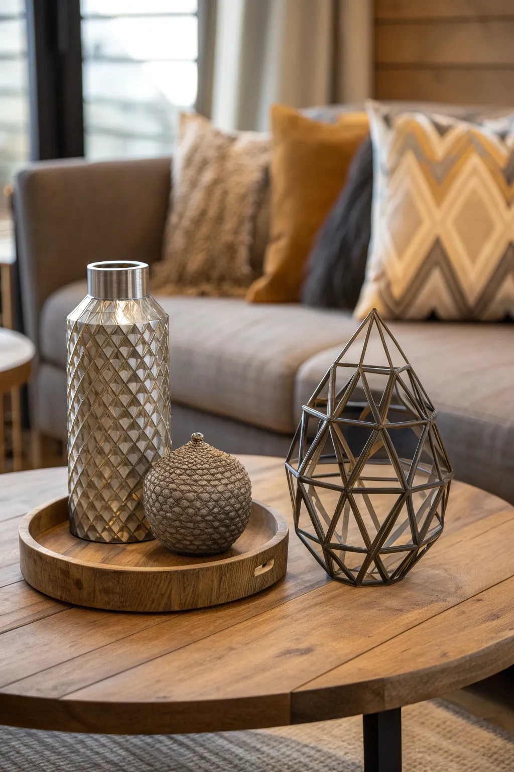 A round wooden coffee table featuring mixed materials and modern decor.
