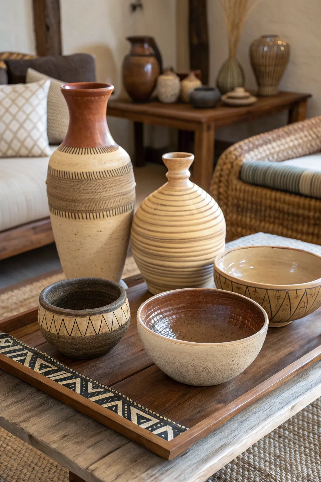 Handcrafted pottery pieces displayed on a coffee table, adding artistic flair.