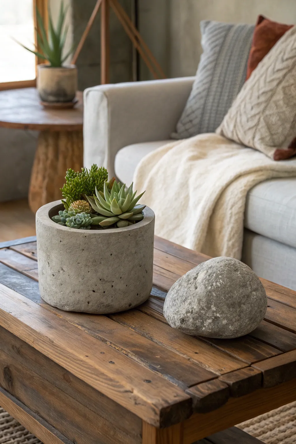 Concrete and stone accents on a coffee table, enhancing rustic decor.