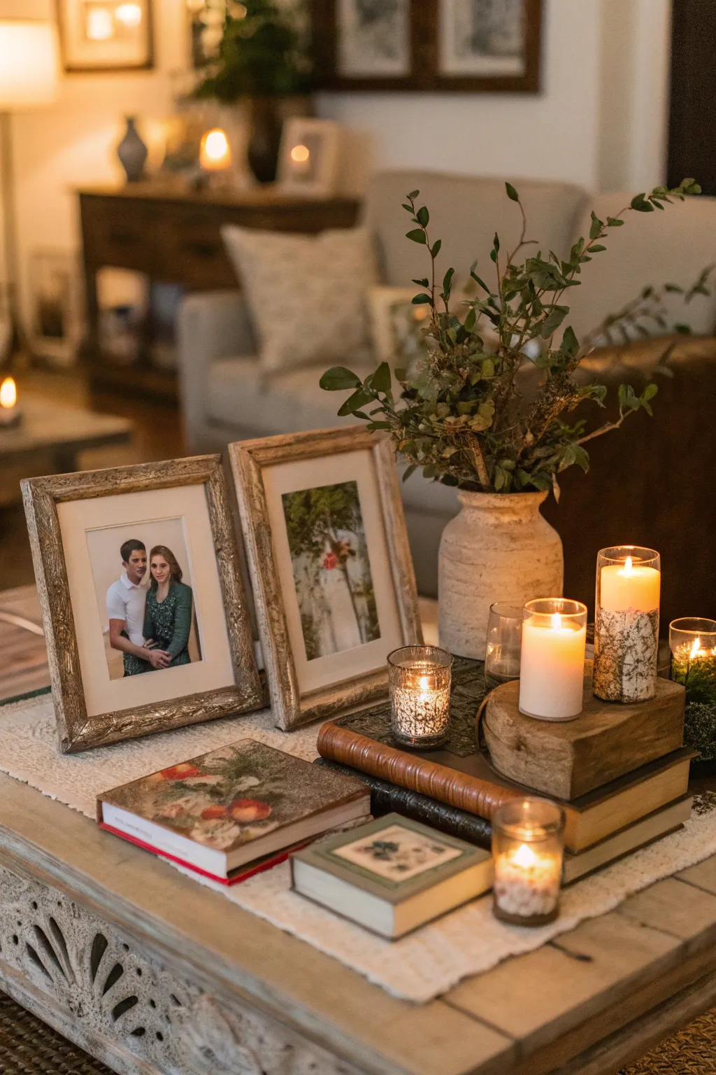 Rustic frames with family photos on a coffee table, adding a personal touch.