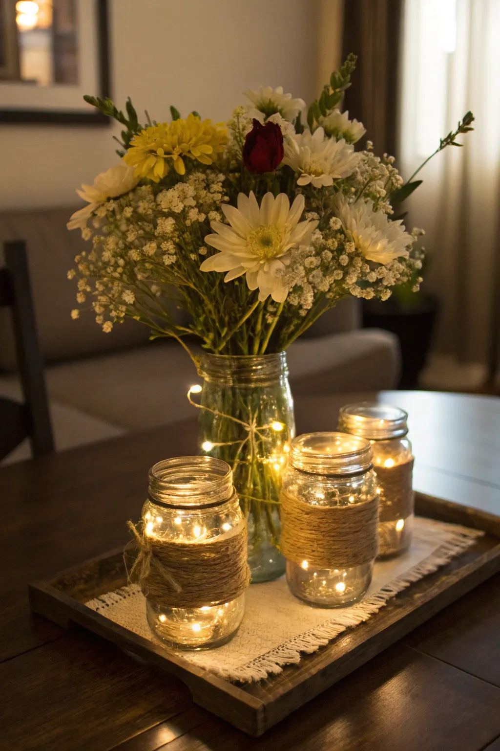 Mason jars filled with flowers and lights, creating a rustic centerpiece.