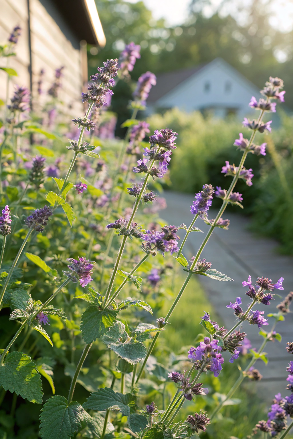 A vibrant border of catnip plants with purple flowers in a cottage garden