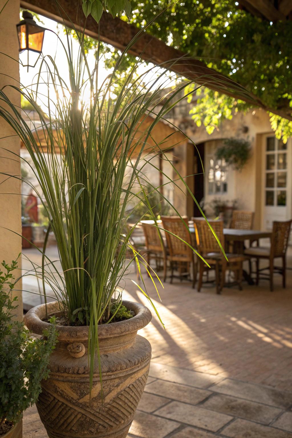 Tall lemongrass in a decorative pot near a cozy outdoor dining area