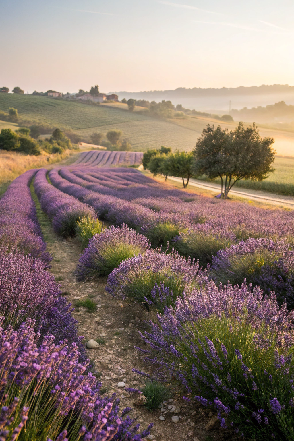 Rows of blooming lavender flowers in a serene garden setting