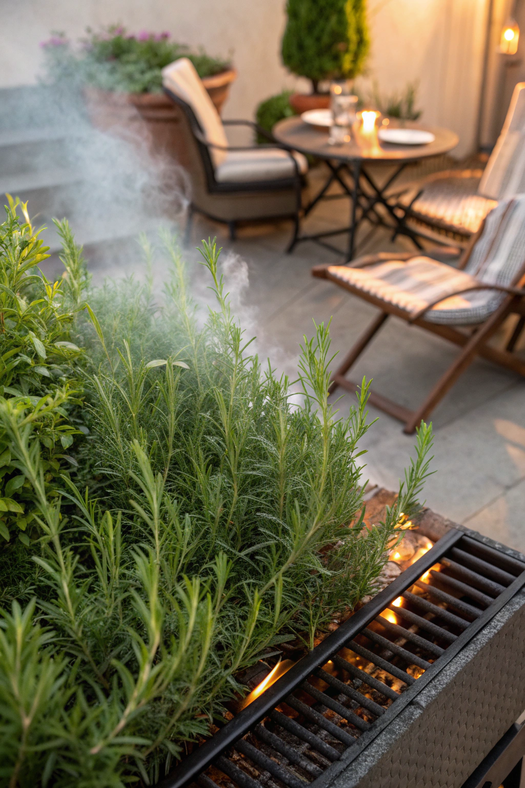 A lush rosemary hedge with sprigs on a grill creating aromatic smoke