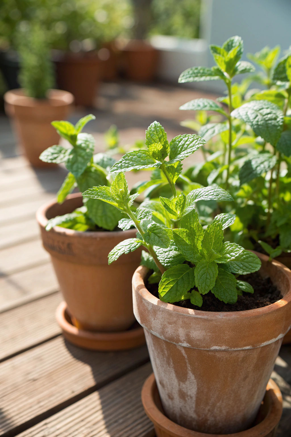 Cluster of mint plants in clay pots on a sunny patio