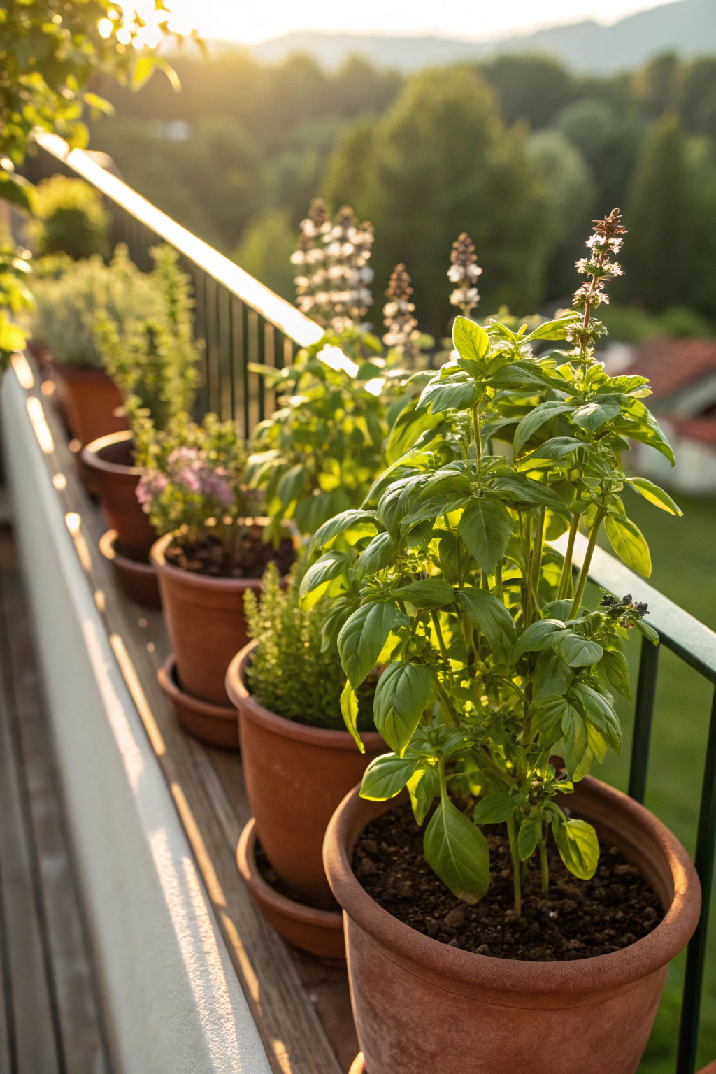 Row of basil pots along a balcony railing in warm sunlight