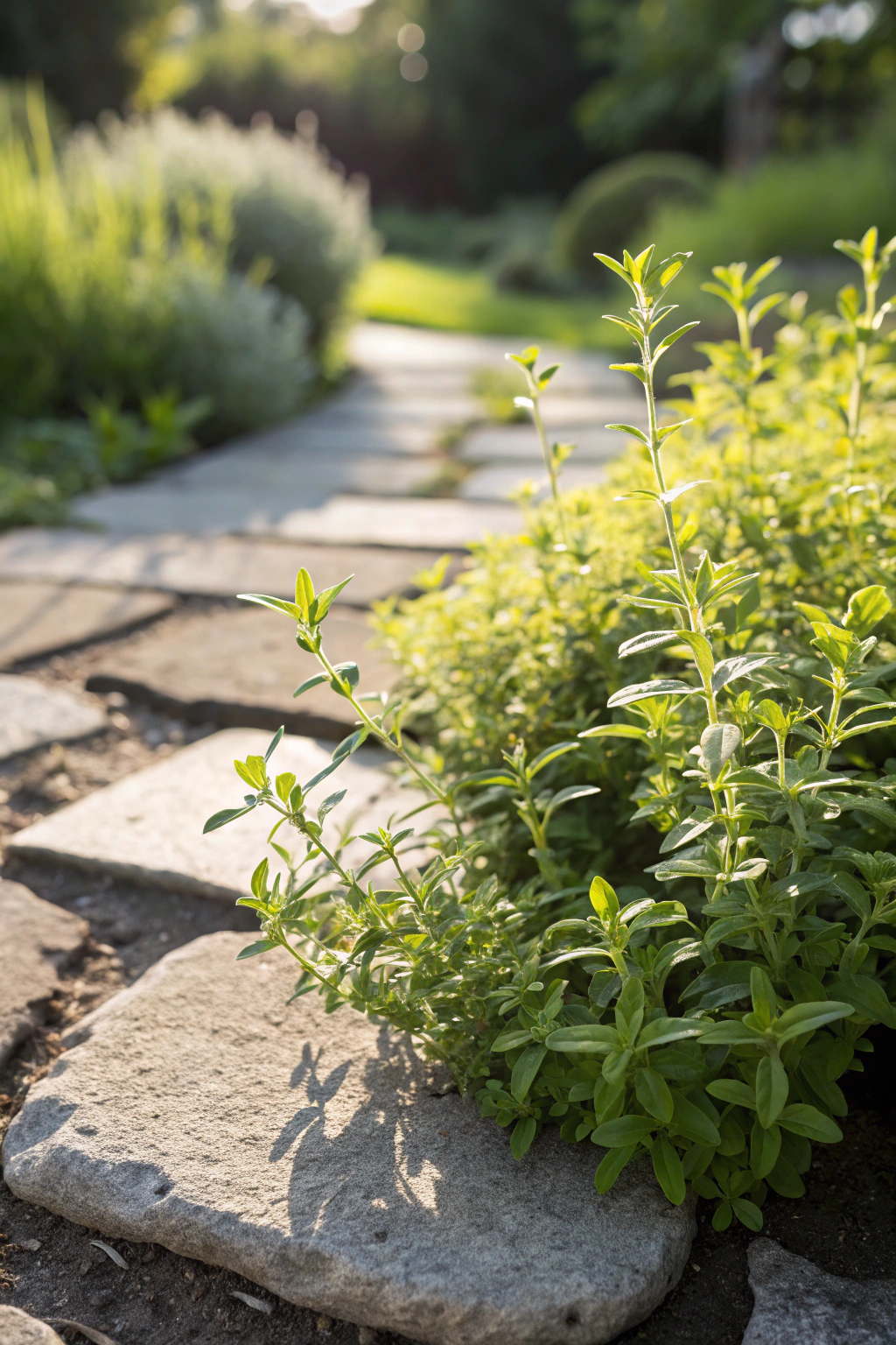 Patch of lemon thyme plants growing between stepping stones