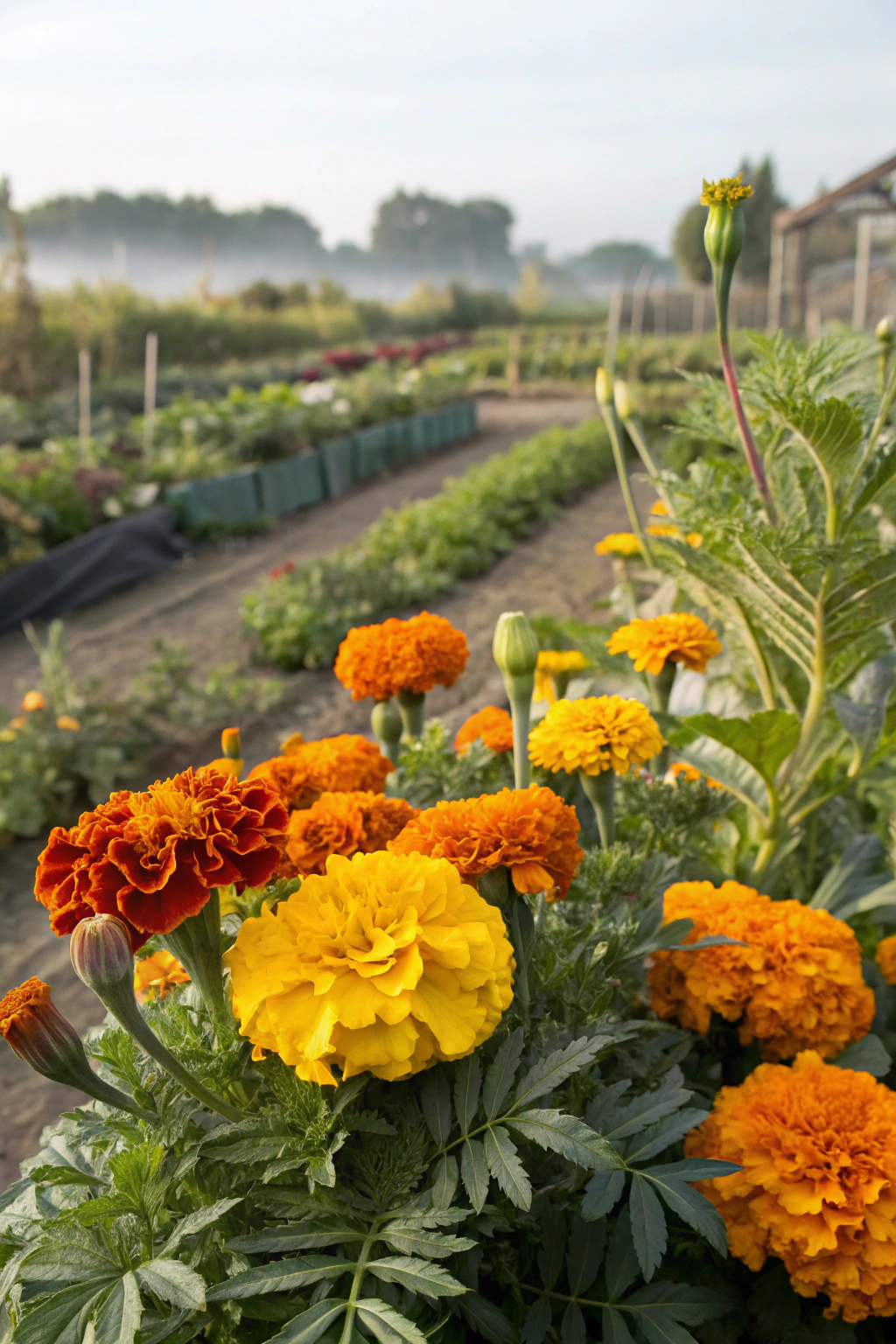 Vibrant marigolds in shades of orange and yellow in a vegetable garden