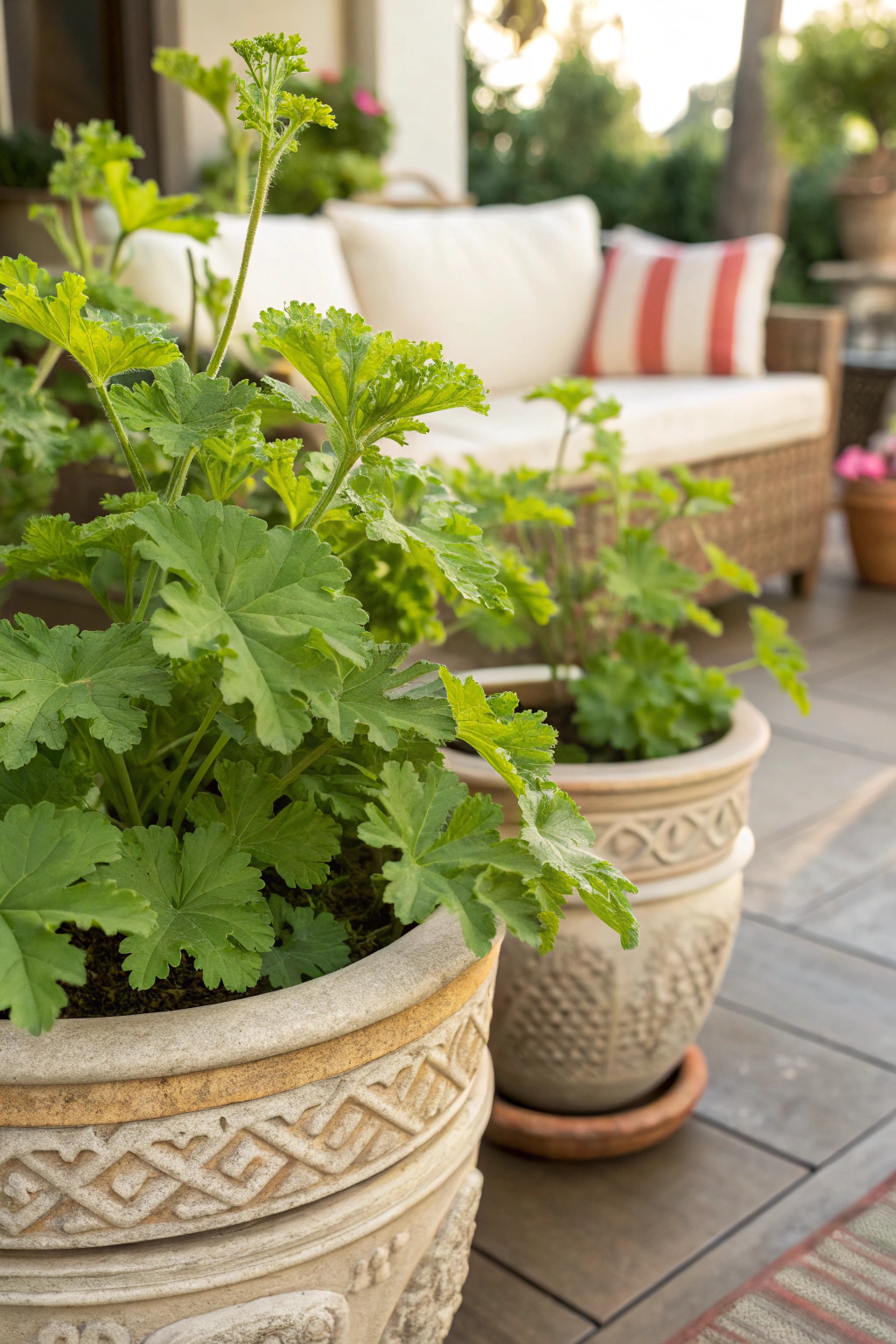 Cluster of citronella geraniums in decorative pots on a cozy patio