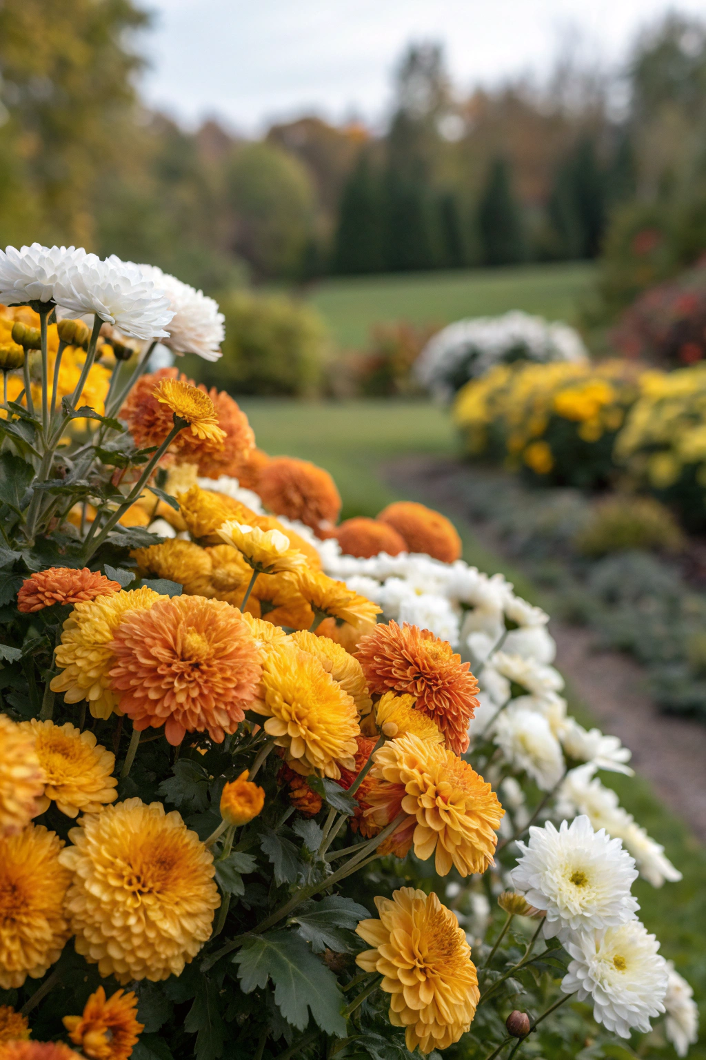 Vibrant chrysanthemums in gold, orange, and white blooms in a garden