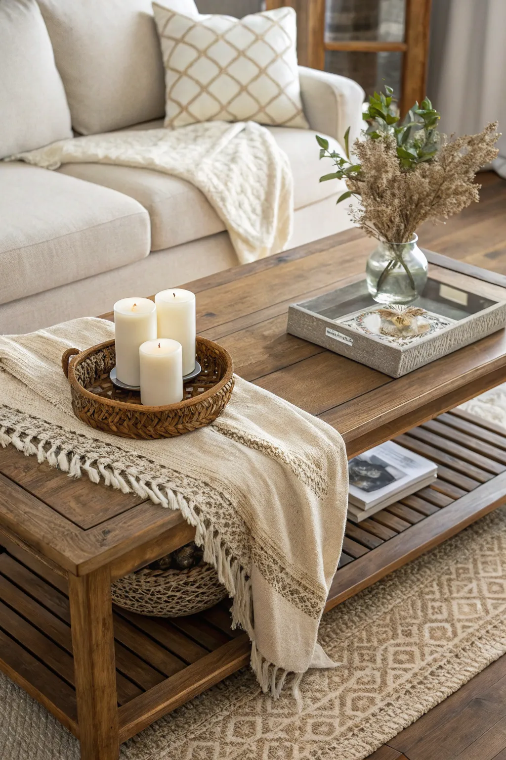 A coffee table with layered textures, featuring a decorative throw and fabric runner in a cozy living room.