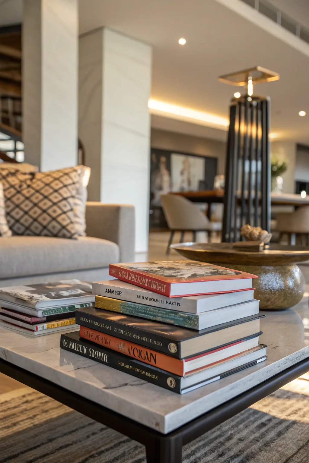 A coffee table showcasing stacked books of varying sizes, creating an inviting and stylish display.