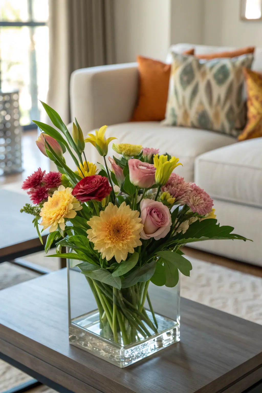 A coffee table adorned with a small vase of fresh flowers, adding a vibrant touch to the decor.