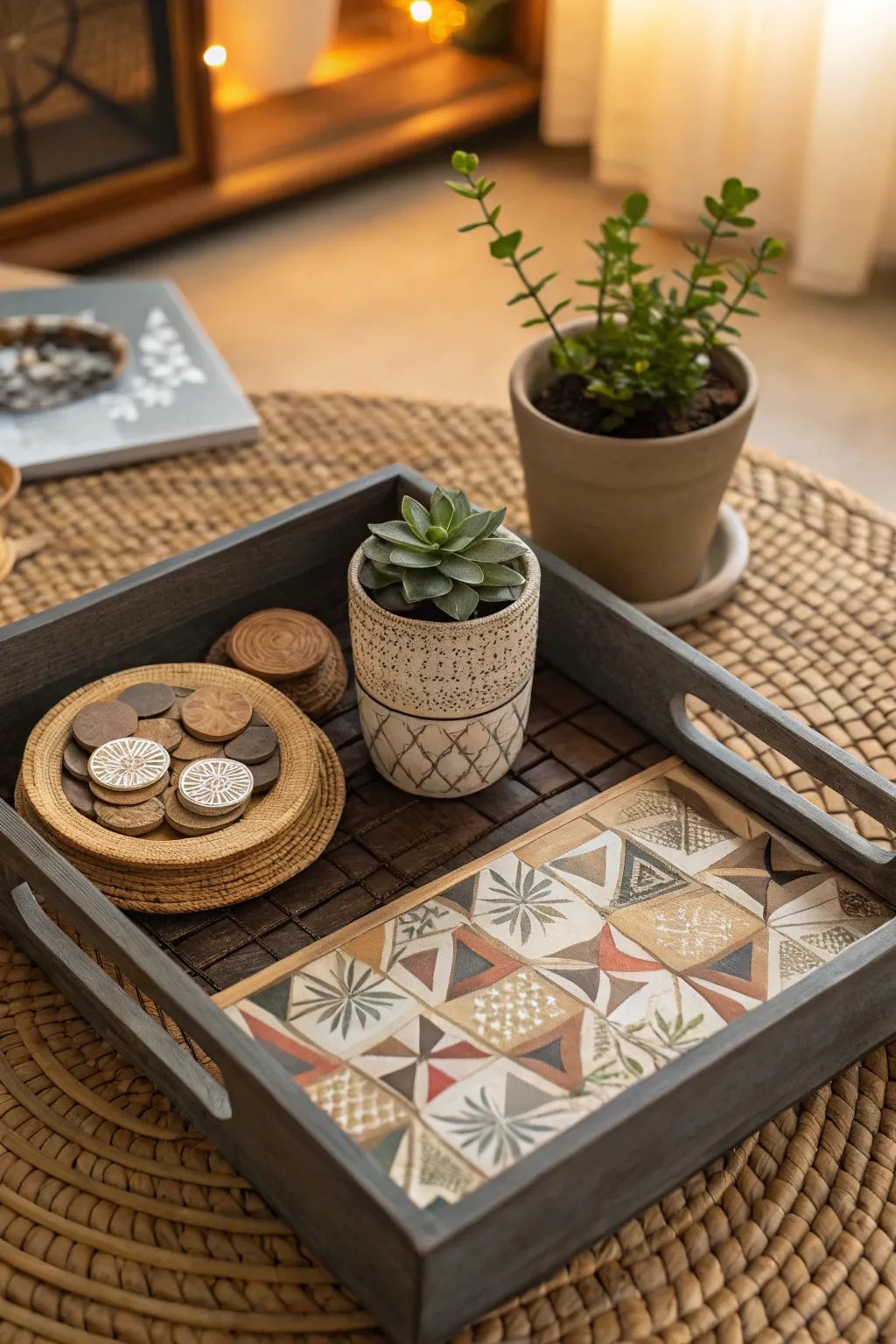 A coffee table with a stylish tray organizing coasters and a small plant for a decorative touch.