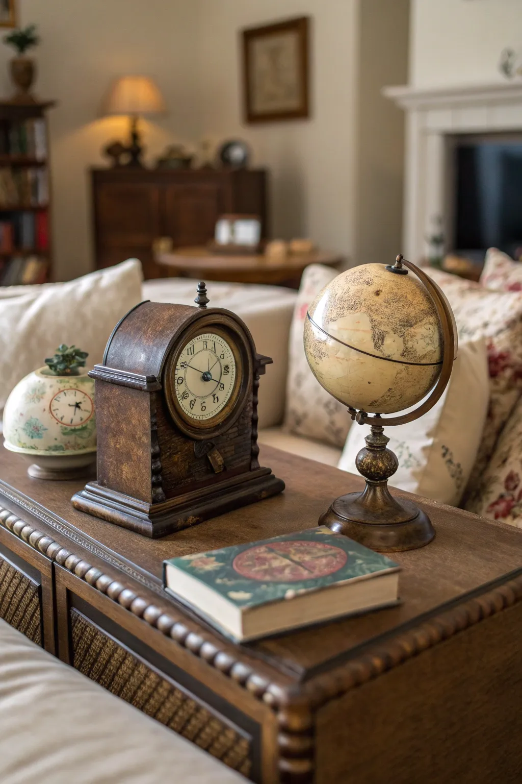A coffee table displaying vintage items like an antique clock and globe, adding charm and character.