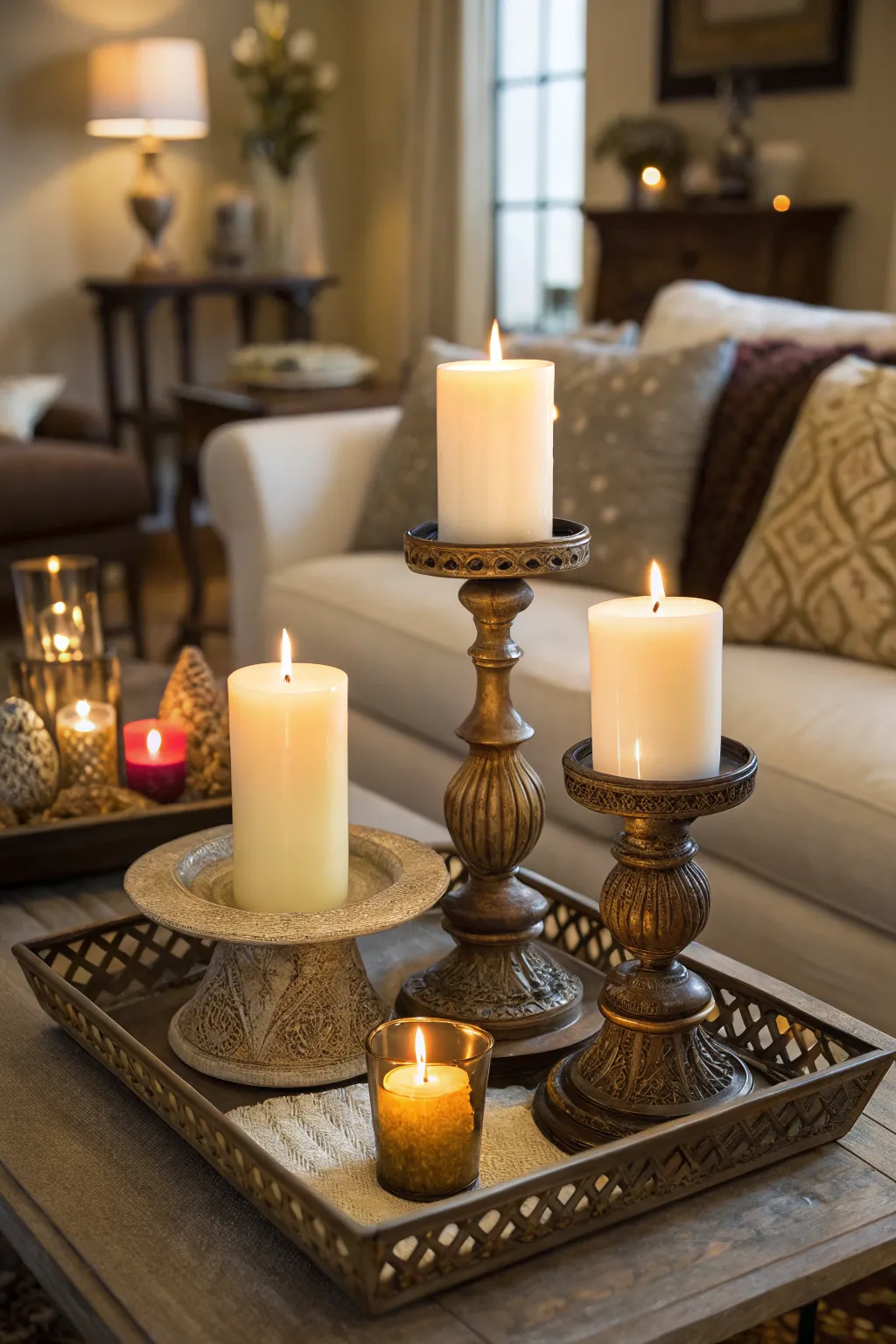 A coffee table adorned with candles of different heights, creating a warm and inviting ambiance.