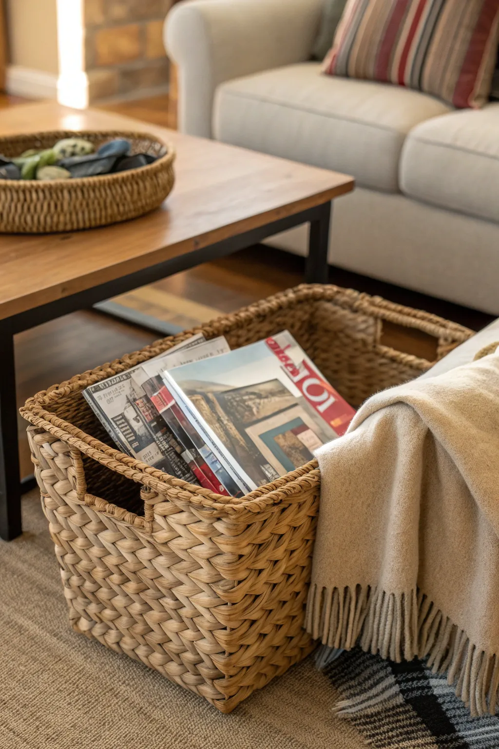 A decorative basket under a coffee table, storing magazines and a throw blanket for a tidy look.