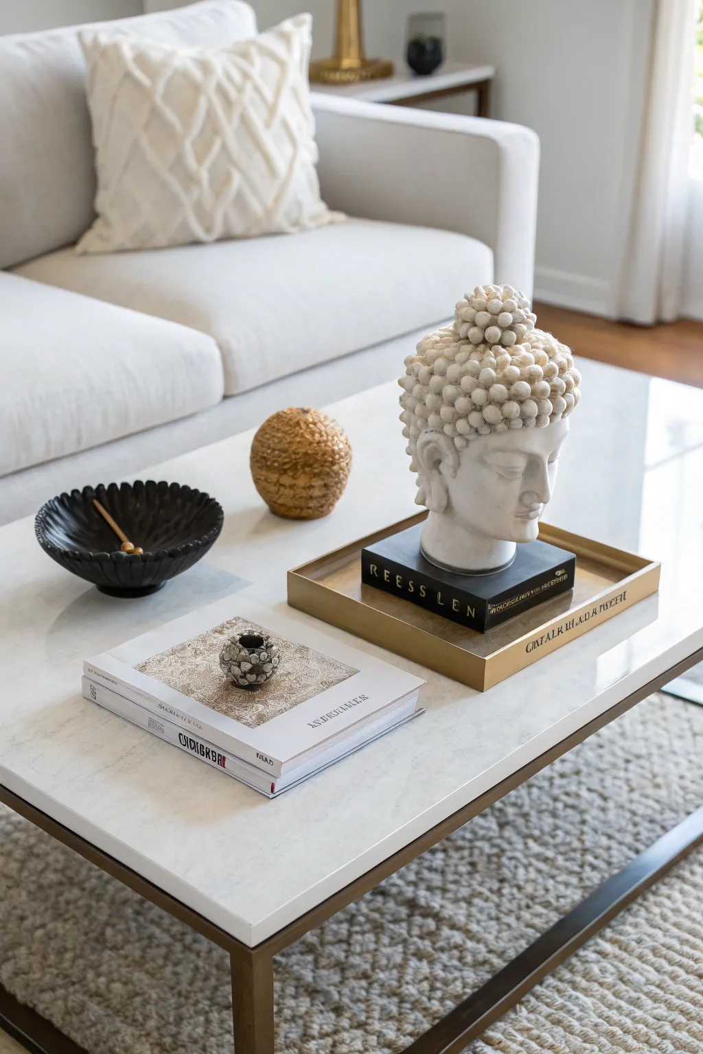 A coffee table with a single striking sculpture, showcasing a minimalist and elegant design.