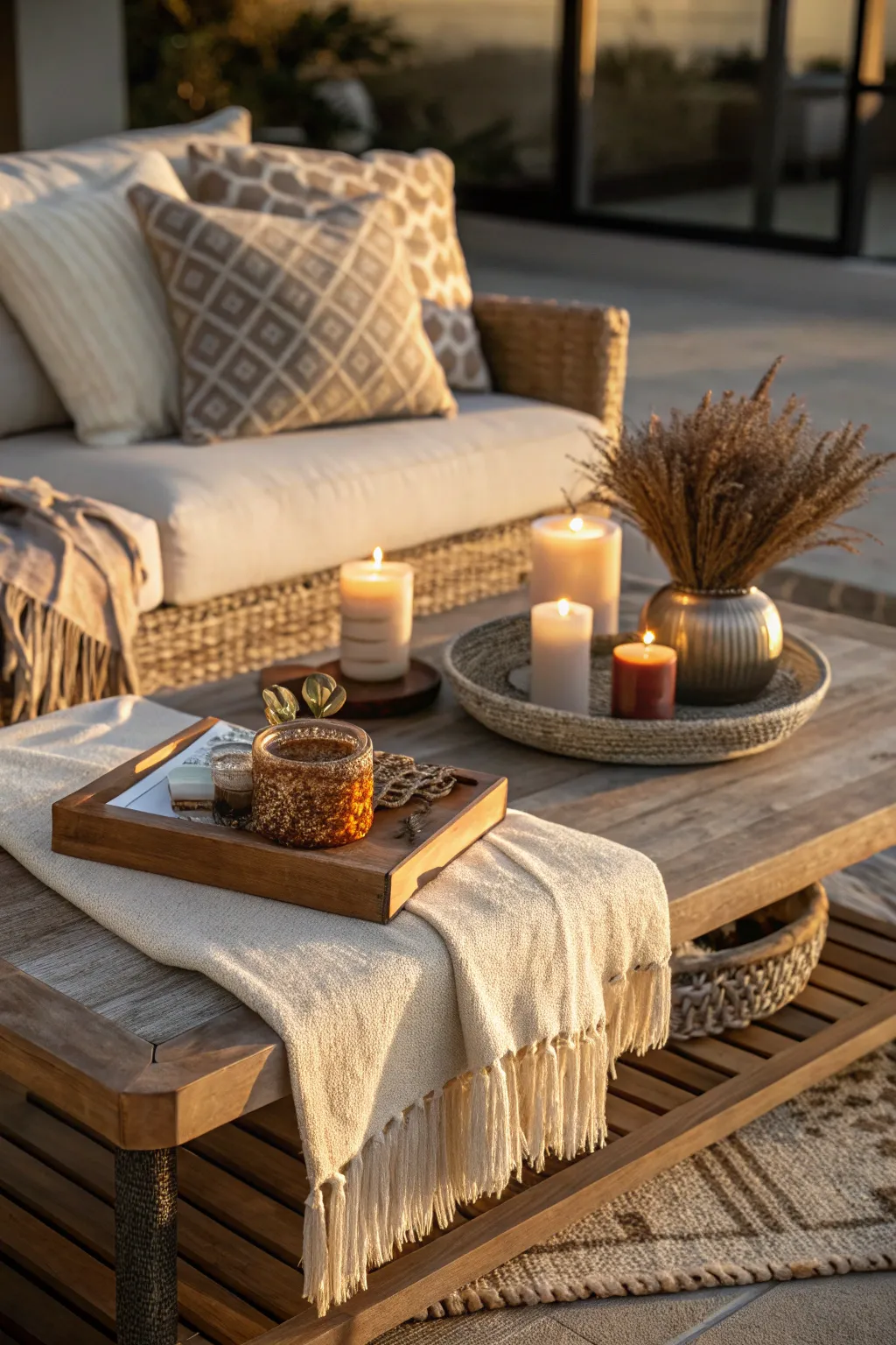 A coffee table setting with layered textures and a soft throw, creating a warm and inviting atmosphere.