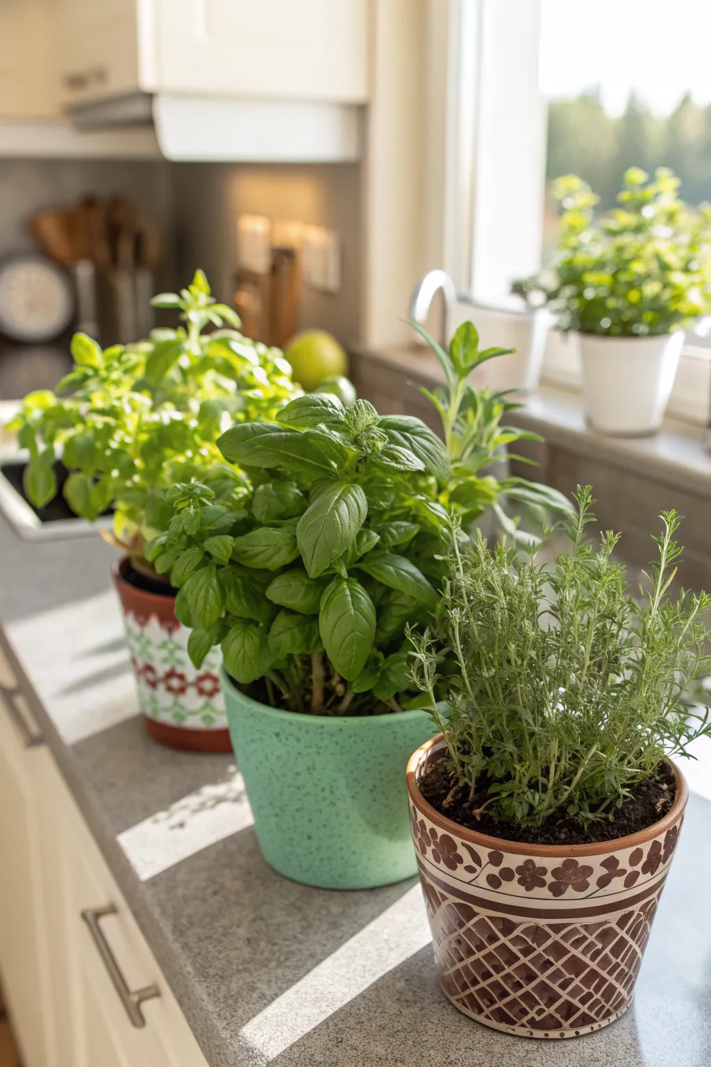 A colorful herb garden on a kitchen counter with basil, thyme, and rosemary.