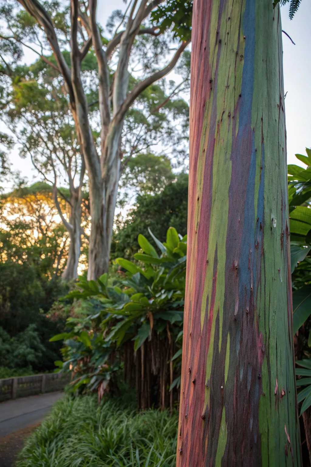 Close-up of a Rainbow Eucalyptus Tree with vibrant multicolored bark.